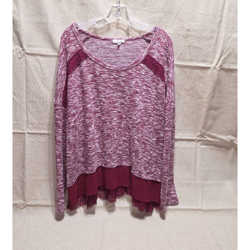 Eyeshadow Maroon Layered Lace Hem Tunic Top - Women's Plus Size 2XL